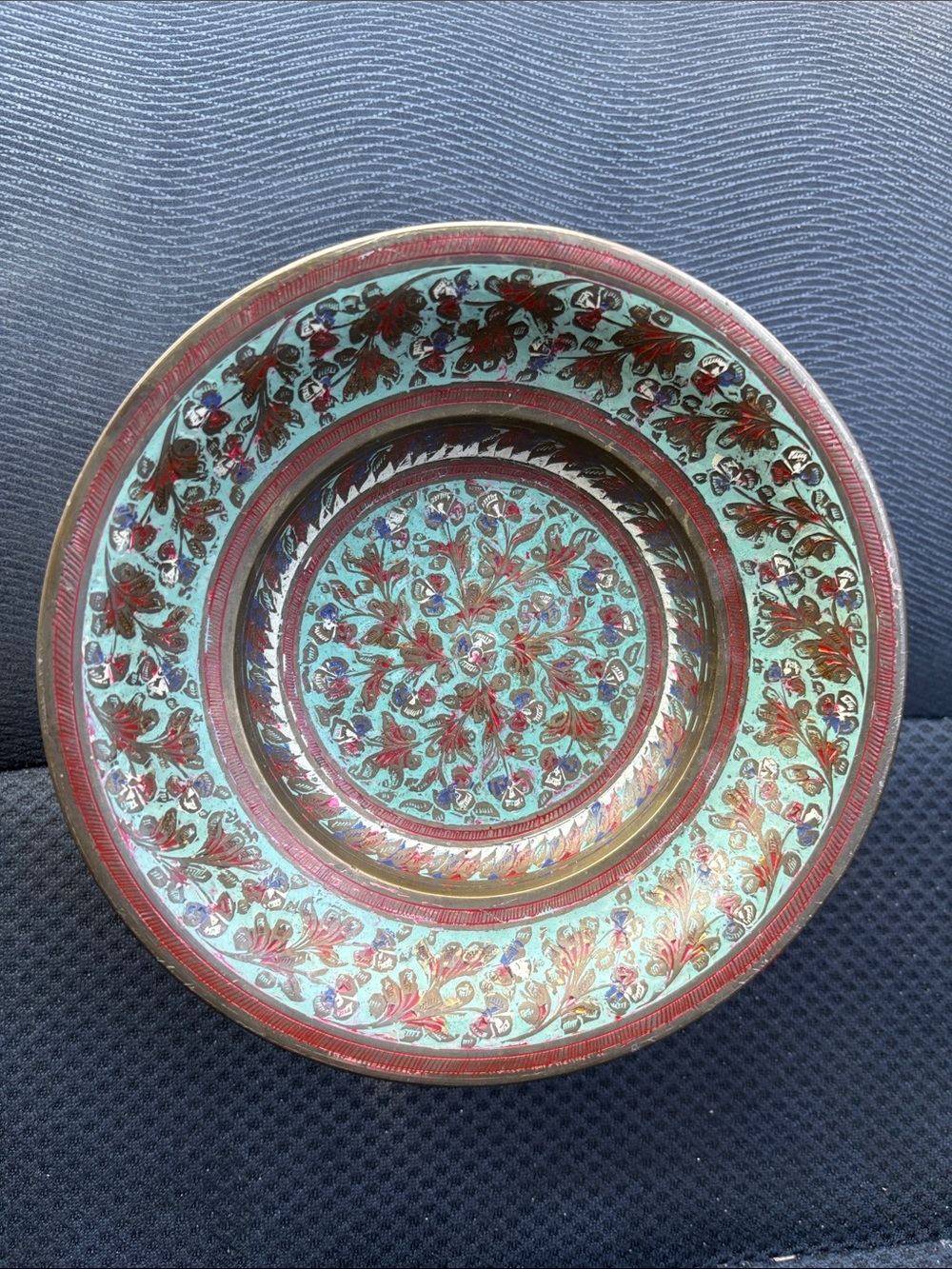 Handcrafted Floral India Tazza Pedestal Brass Tray Bowl Turquoise Red Blue